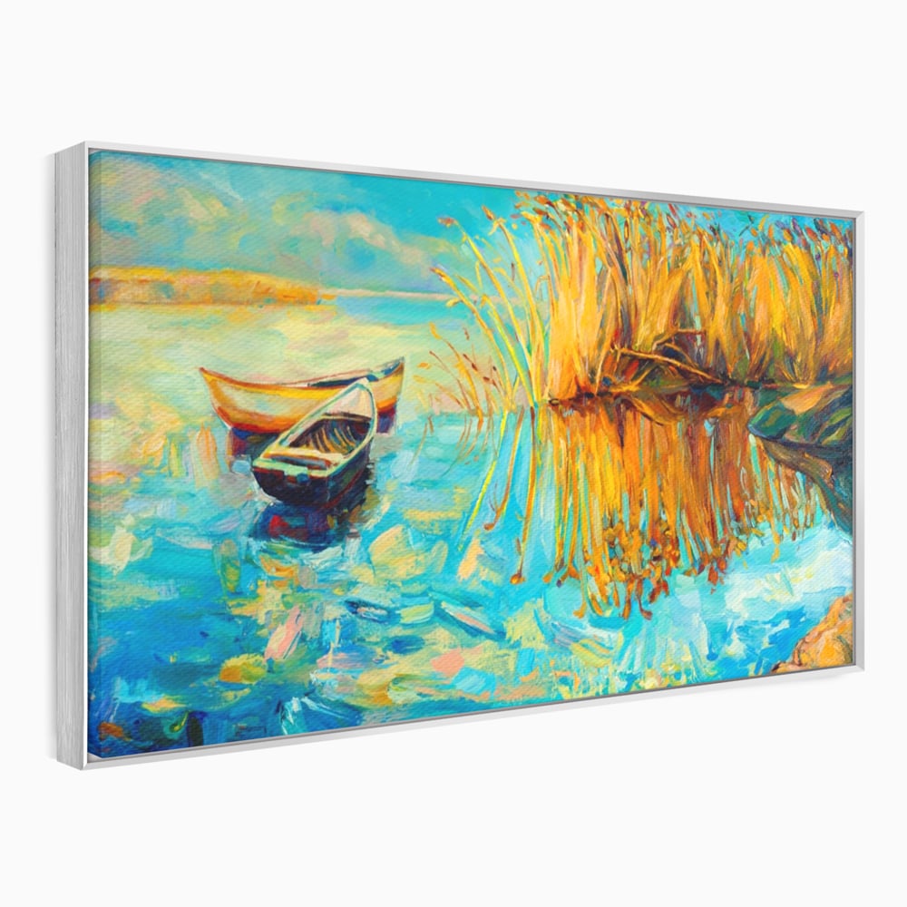 Tablou canvas orizontal peisaj cu barci pe lac, turcoaz si auriu, in rama de aluminiu argintiu